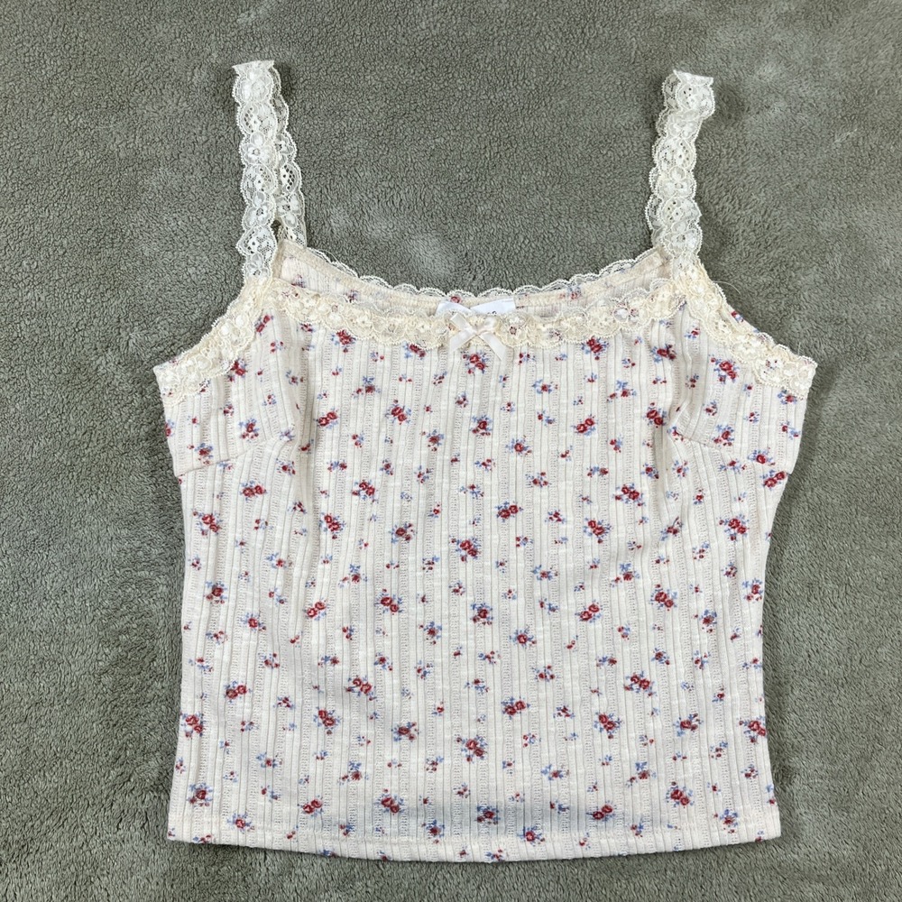 NWT Y2K Bear Dance Cropped‎ Tank Top Medium Floral Lace Bow Ditsy Layering